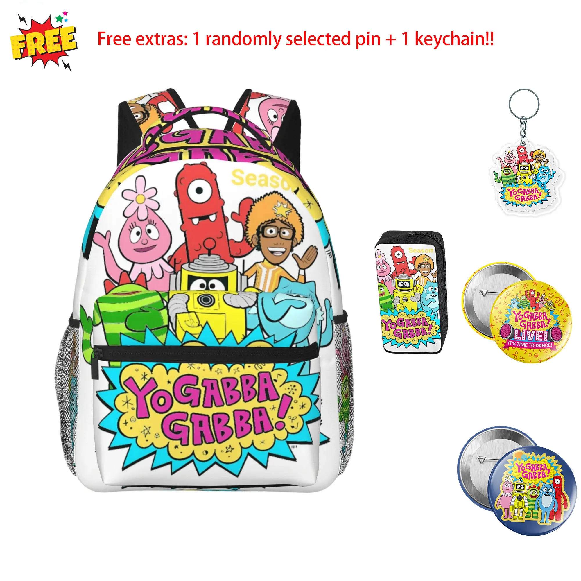 Yo Gabba Gabba! Unisex 17in Synthetic Full-Print Cartoon Musical Backpack - Lightweight, Breathable Mesh Padding Laptop Daypack with Zipper, Pencil Case, Cute Stylish Daypack for School Fans, Daily Backpack (Birthdays Gifting)