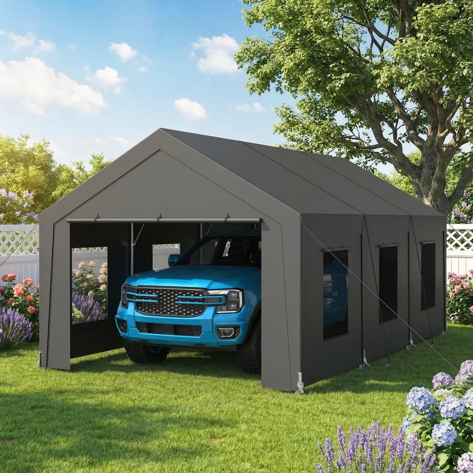 Carport 12x20 ft Heavy Duty, Car Port with Reinforced Steel Frame and 6 Roll-up Windows, Portable Garage with Removable Sidewalls, Water-Proof All-Season Car Canopy for Boat, Truck, Light Grey