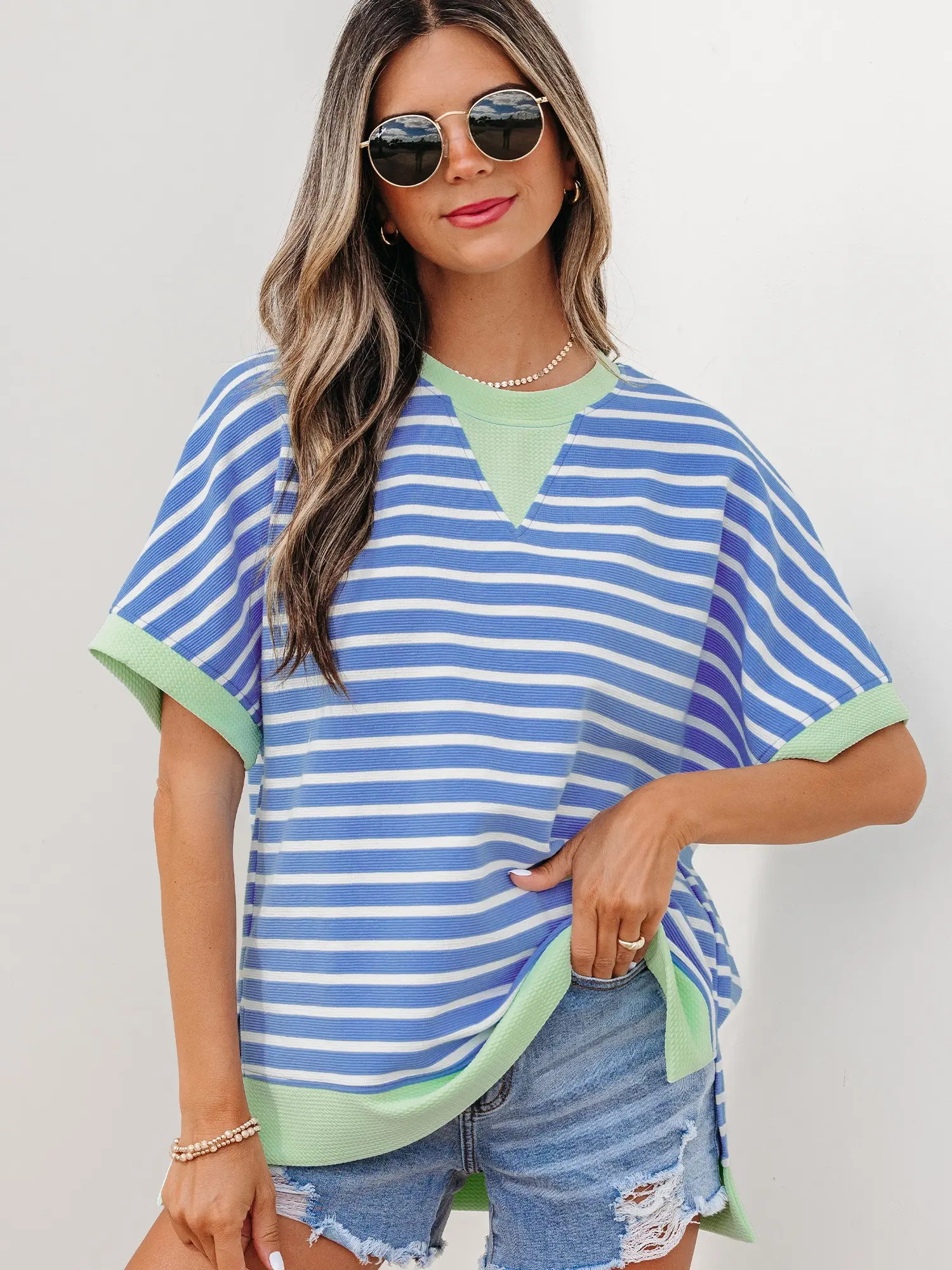 PHEFEE Women's Slouchy Striped Top in Sky Blue, a Chic Basic Tee with a Layered Mock Neck, V-Cutout, and Comfortable Drape Fit, Tunic, Shortsleeve, Apparel, Everyday Womenswear Athletic Casual Clothes Coordinate Cotton Crewneck Denim Green Knit