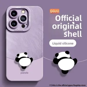 2026 New Cute Panda Liquid Silicone iPhone Case, Shockproof Cover with Built-in Stand, Full Lens Protection, Matches iPhone 16/17, Stylish Daily Phone Accessory summervibes