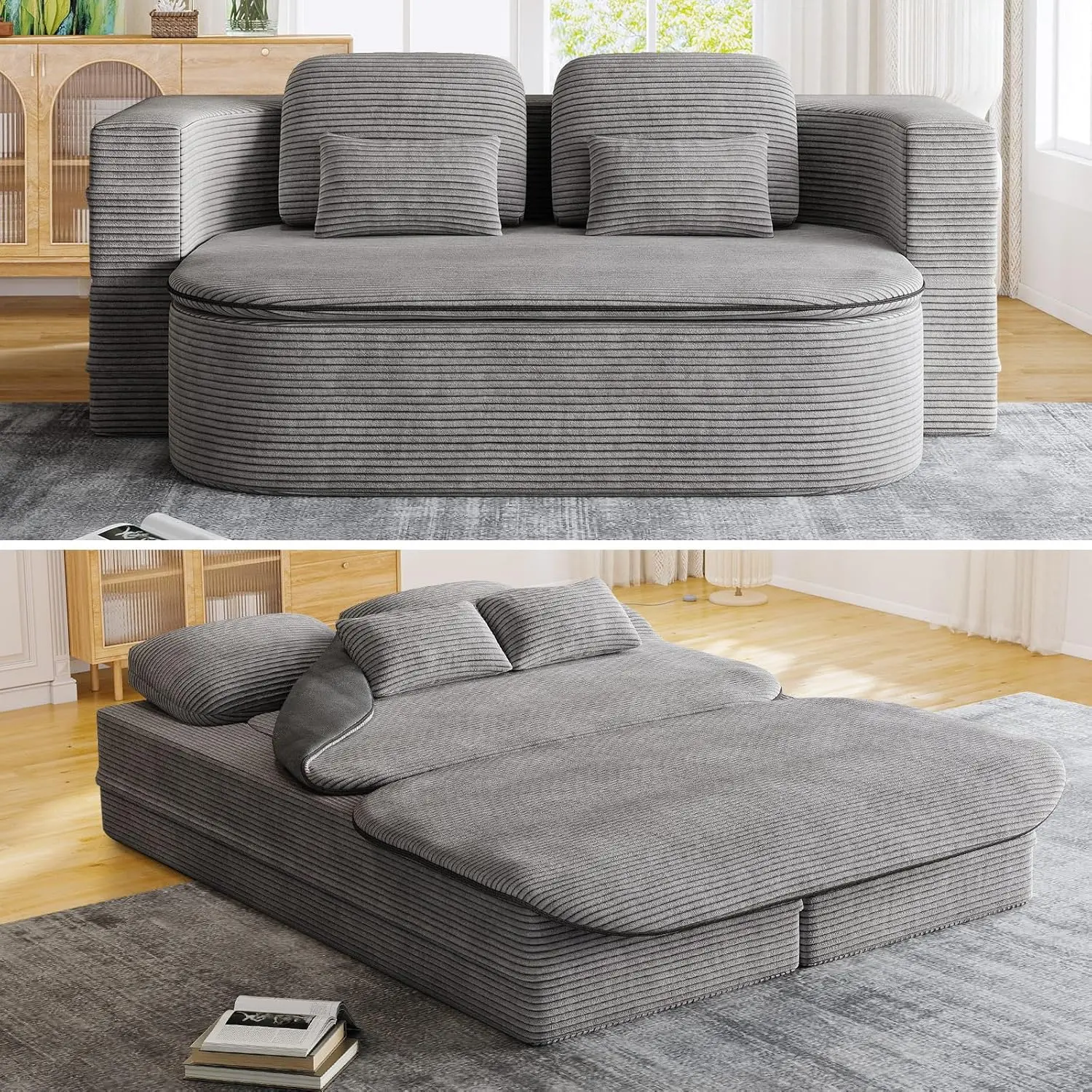 75"W Convertible Sleeper Sofa, Modern Folding Futon Corduroy Floor Foam Compression Loveseat Sofa Bed Couch, Foldable Full Size Guest Bed with 4 Pillows for Living Room Bedroom Apartment, Gray