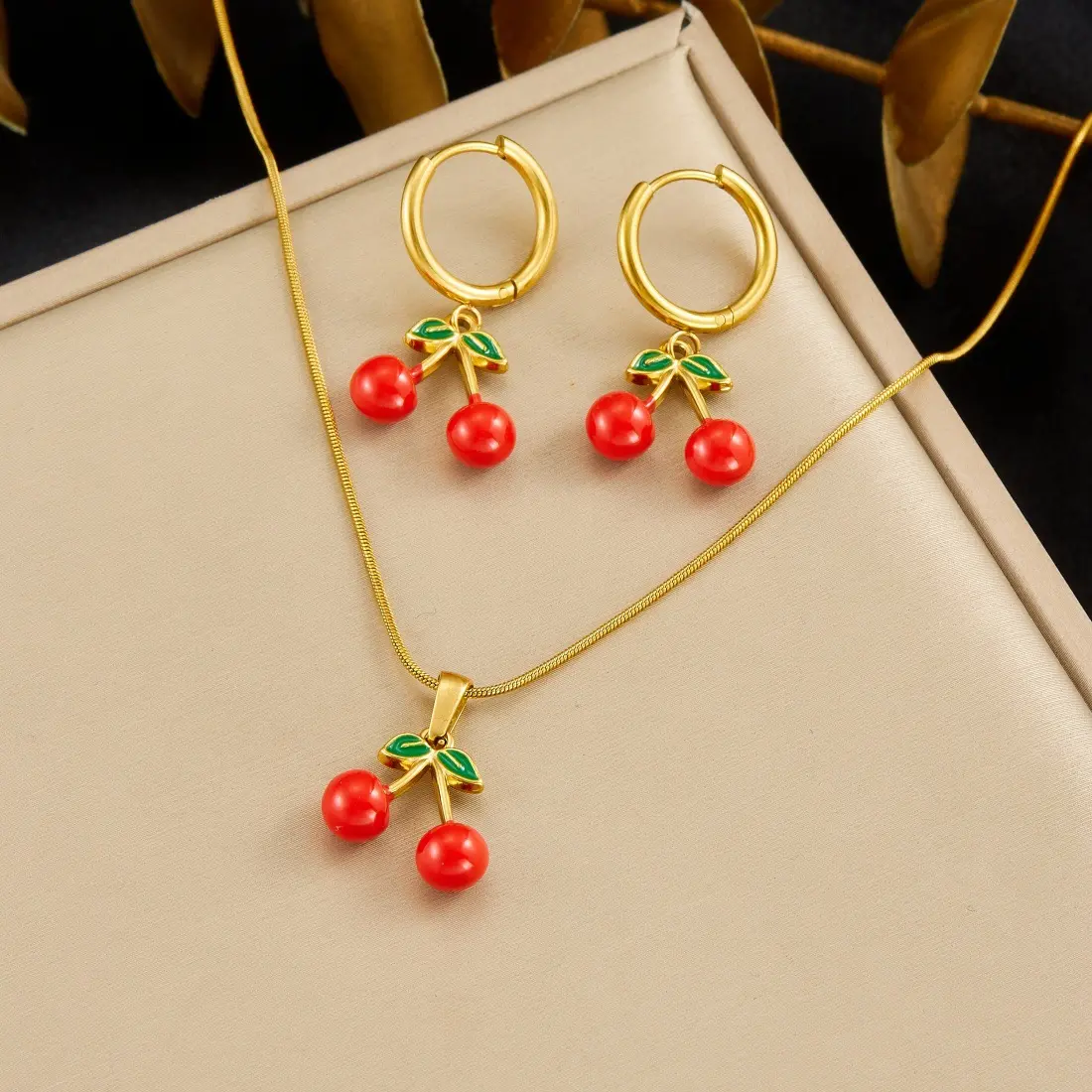 Women's Costume Jewelry Set, 2-Piece Gold-Plated Stainless Steel Charm Pendant Set with Oil-Drip Cherry Necklace & Earrings (Note: Choking Hazard Small Parts)