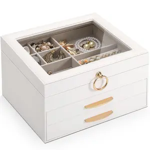 SOLEDI Mothers Day Gift, Jewelry Box for Women, Elegant Jewelry Organizers and Storage, 3-Layer, 2 Drawers with Glass Lid, 10.2×8.7×6 inches, Jewelry Storage for Big and Small Jewelry, White
