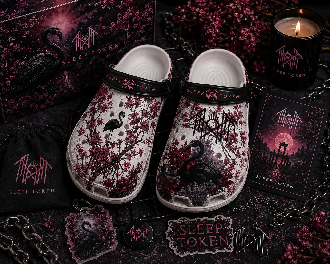 Dark Gothic Sleep Token Clogs Shoes, Black Swan Floral Clogs Shoes, Alternative Graphic Casual Footwear, Lightweight Comfort Clogs