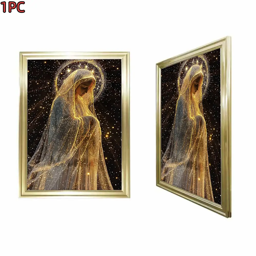 1pc Framed Gold Frame  Religious Art Golden Frame Canvas Print For Living Room Bedroom Church Decor With Sparkling Starry Background And Divine Figure Of Mary