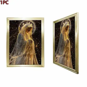1pc Framed Gold Frame  Religious Art Golden Frame Canvas Print For Living Room Bedroom Church Decor With Sparkling Starry Background And Divine Figure Of Mary
