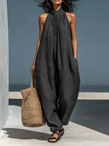 Women’s 2026 New Summer Casual Halter Mock Neck Sleeveless Loose Jumpsuit, Eyelet Front Pocket Cuffed Ankle Resort Vacation One Piece Jumpsuit