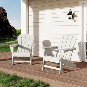 Set of 2 Oversized HDPE Adirondack Patio Chairs – 380 lbs Capacity, Weather Resistant Poly Lumber, Wood Grain Texture, Wide Armrests, Slatted Back, Maintenance-Free Outdoor Seating for Deck, Porch, Poolside, or Firepit – Black/White/Grey