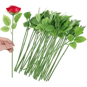 100 Pcs Rose Stems with Leaves, Fake Flower Stems Artificial Plastic Floral Wire DIY Craft Supplies for Bouquet Making Wedding Party Home Decor Arrangement Tools