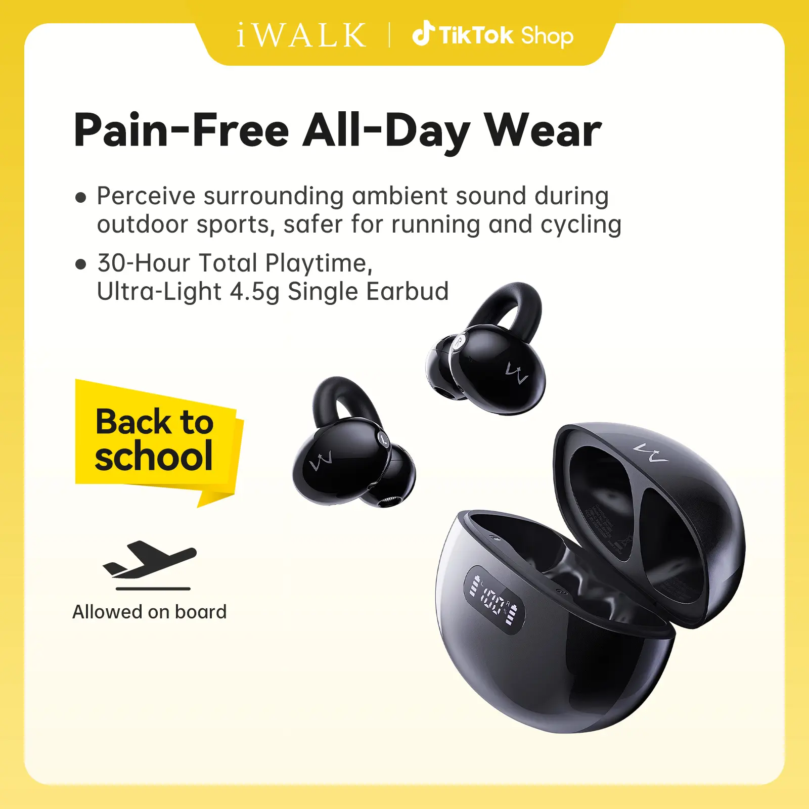 iWALK Clip-On Open-Ear True Wireless Earbuds - 4.5g Lightweight Ergonomic Rechargeable Headset, 16.2mm Graphene Diaphragm, HiFi Audio, 24H Playback, 30H Total Playtime, LED Display, Digital Electronic Audio, Running Safe for Gym, Running