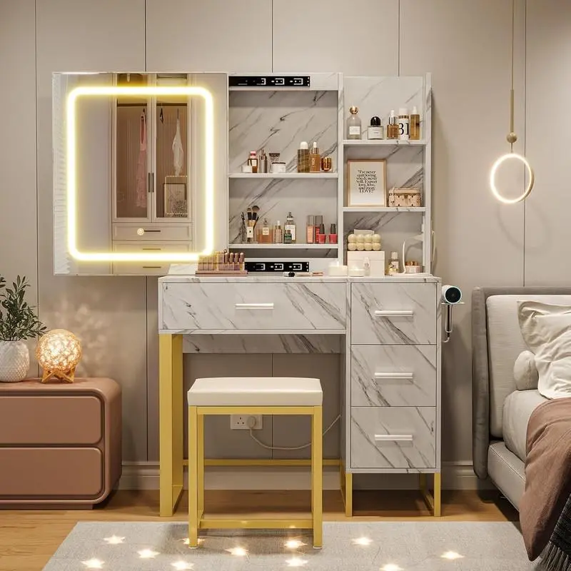 Gaomon Sturdy Thick Wood Vanity Desk Set with Mirror - 3-Color LED Lights, Power Outlets, USB Ports, Cushioned Chair, Hairdryer Holder, 4 Drawers, 3 Open Shelves, 5 Multi-Shelves Storage for Bedroom, Apartment, Mothers, Assembly Required, 2 Hidden Cabinet