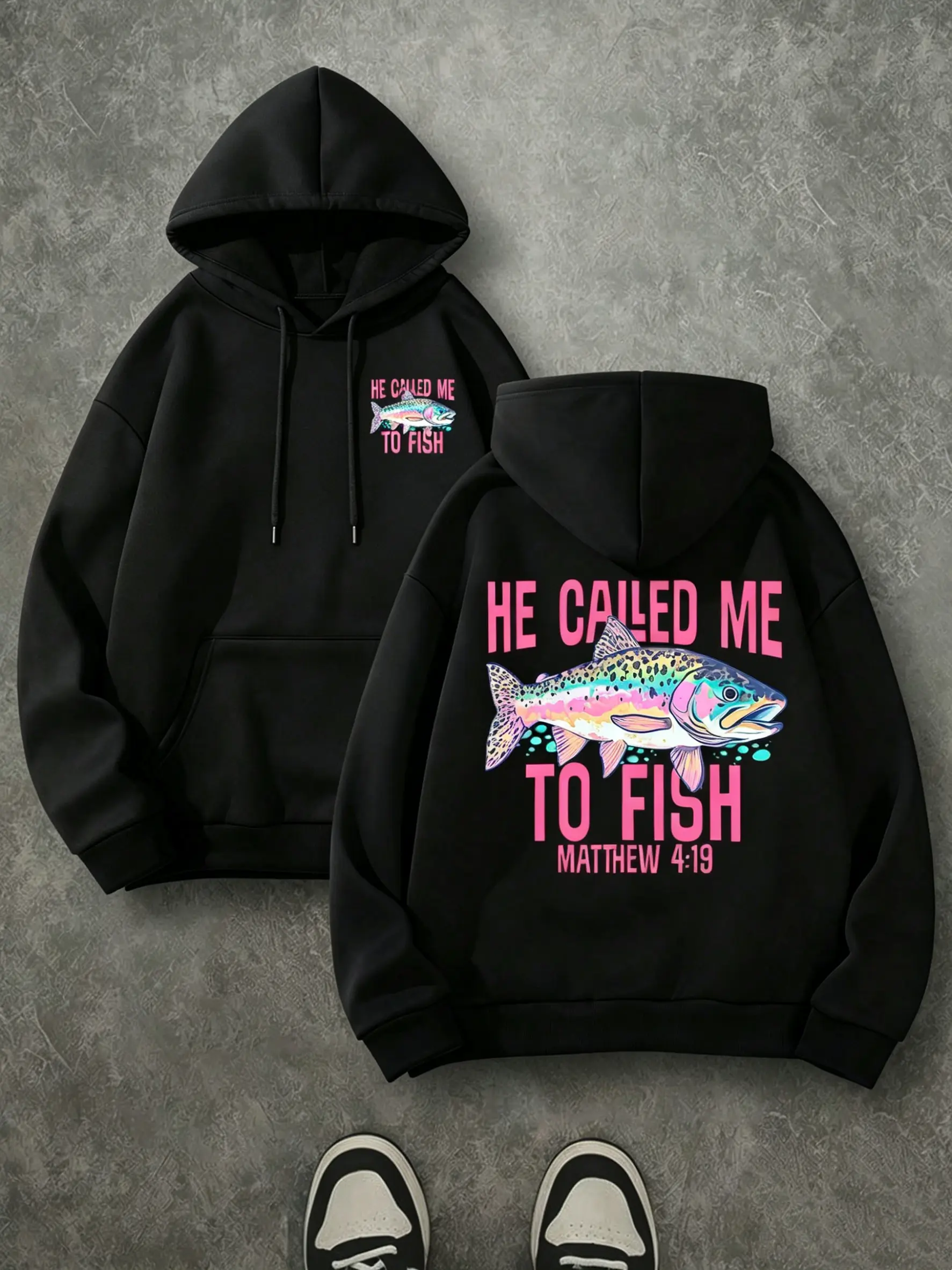He Called Me To Fish Double Print Hoodie, 270G Brushed Fleece Rainbow Trout Christian Fishing Hooded Sweatshirt, Matthew 4:19 Religious Outdoor Pullover For Men Women