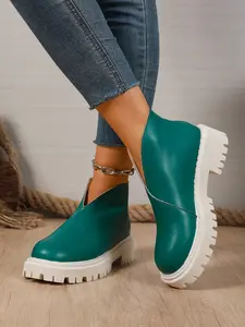 V-Neck Chunky Heel Chelsea Boots, Height Increasing Boots, Commuter Streetwear, Non-Slip Women's Shoes