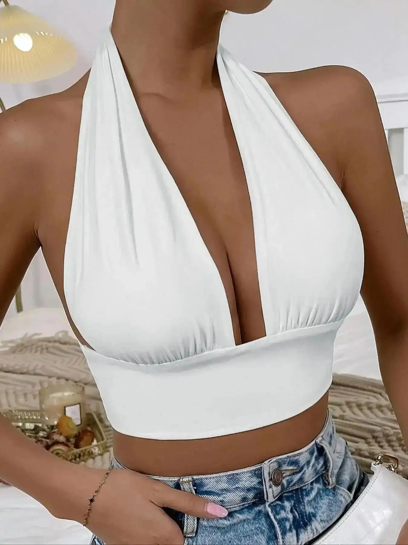 2026 Women's Backless Tie Back Top, Casual Ruched Halter Neck Top, Summer Clothes Women, Ladies Clothes for Daily Wear, Going Out Tops
