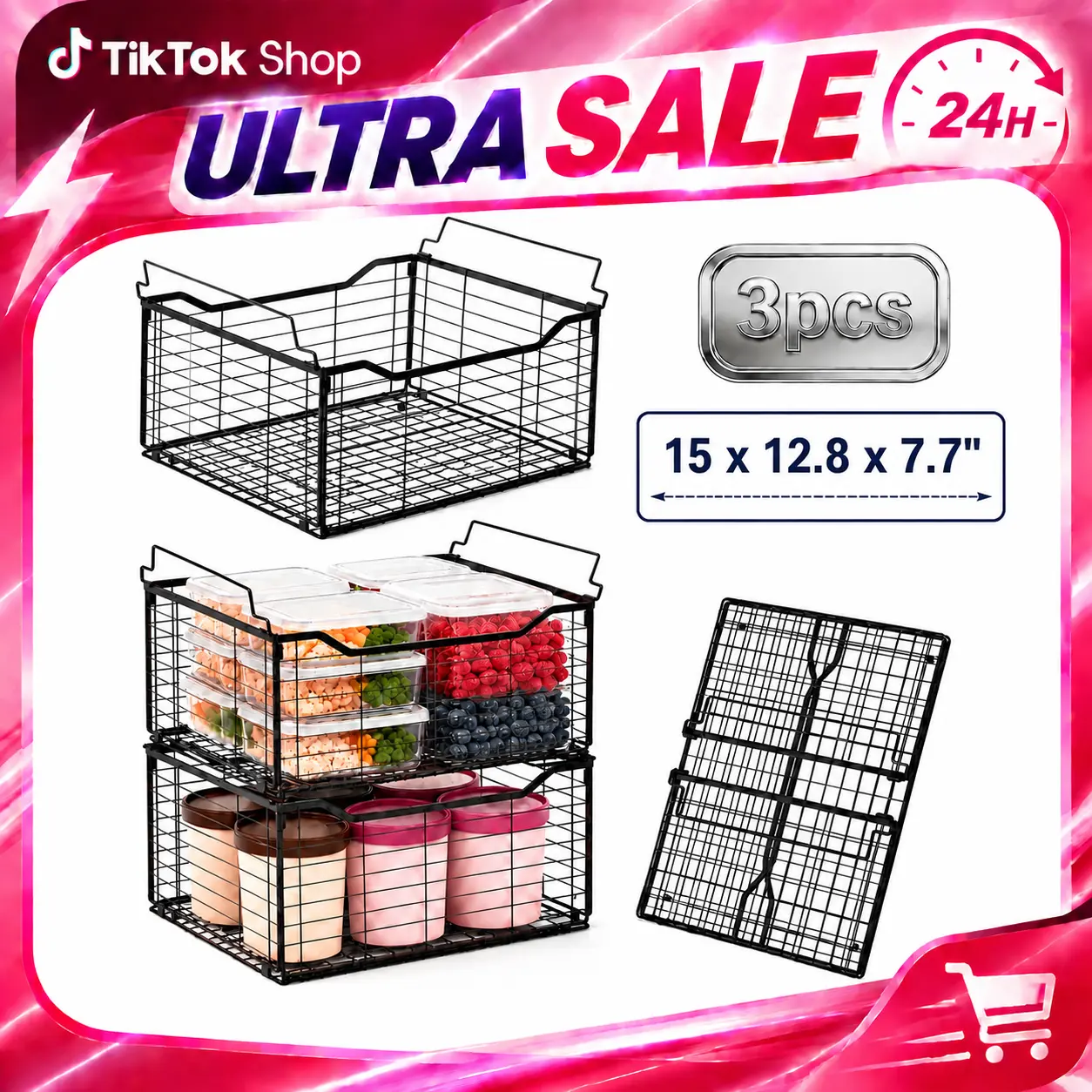 Deep Freezer Organizer Bins (15x12.8x7.7 in) - 3/6 Pack Large Capacity Stackable Household Chest Freezer Baskets with Compartments, Easy-Access Kitchen/Bathroom Storage for Meat, Fruit & Frozen Items, Black