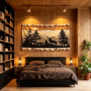 Rustic Forest Wildlife Tapestry, Single-Side Printed, Cabin Style Wall Hanging, Lightweight Polyester Fabric, Ideal for Bedroom, Living Room & Cabin Decor, Great Gift for Nature & Hunting Lovers