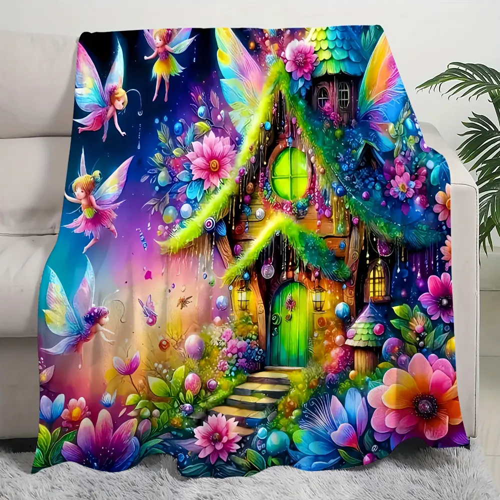 Fairy Garden Blanket, Soft Flannel Throw Blanket with Colorful Fairy House Flower Print, Cozy Gift for Girls Kids Teens and Fairy Lovers, Fantasy Room Decor for Bed Couch Sofa Bedroom Dorm, Magical Blanket for Movie Night, Napping and Story Time