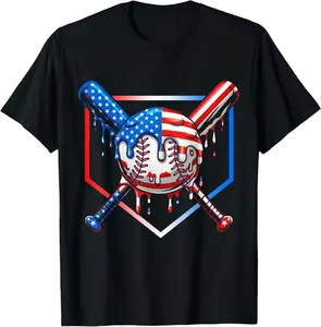 Baseball Drip American Flag Boys Youth 4th of July T-Shirt Kids graphic tee