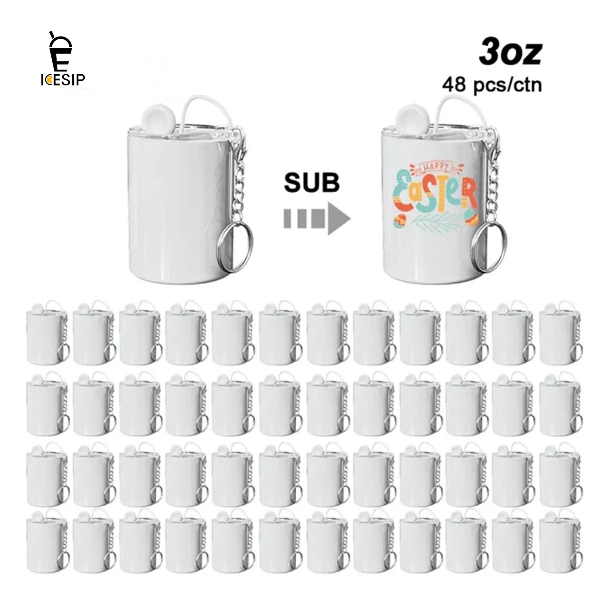 ICESIP 48pcs/ctn 3oz Wide Mouth Reusable Stainless Steel Sublimation White Mini Shot Tumbler with Metal Straw & Keychain, Washable Portable Cup for Whiskey Cocktails, Holiday Gifts with DIY Tutorials
