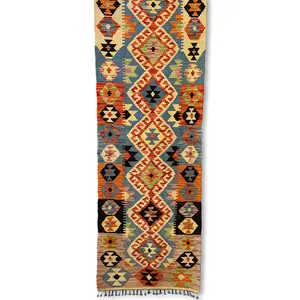 Graphic Hand-Knotted Multi-Colored Wool Kilim Runner