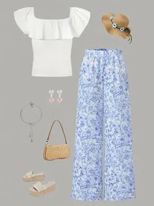 Women's Floral Printed Vacation Set, Ruffled Short Knit Top and Wide Leg Pants, Bohemian Boho Summer Ensemble, 2 Piece Set