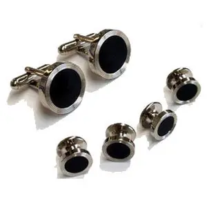 Genuine Onyx with Round Orbital Rings Cufflinks and Studs Silver