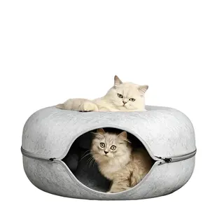 Felt Doughnut Cat Bed - 4-Season Warm Winter Pet Furniture, Multi-Functional Tunnel Toy & Tire Design for Cats, Suitable for Small Dogs