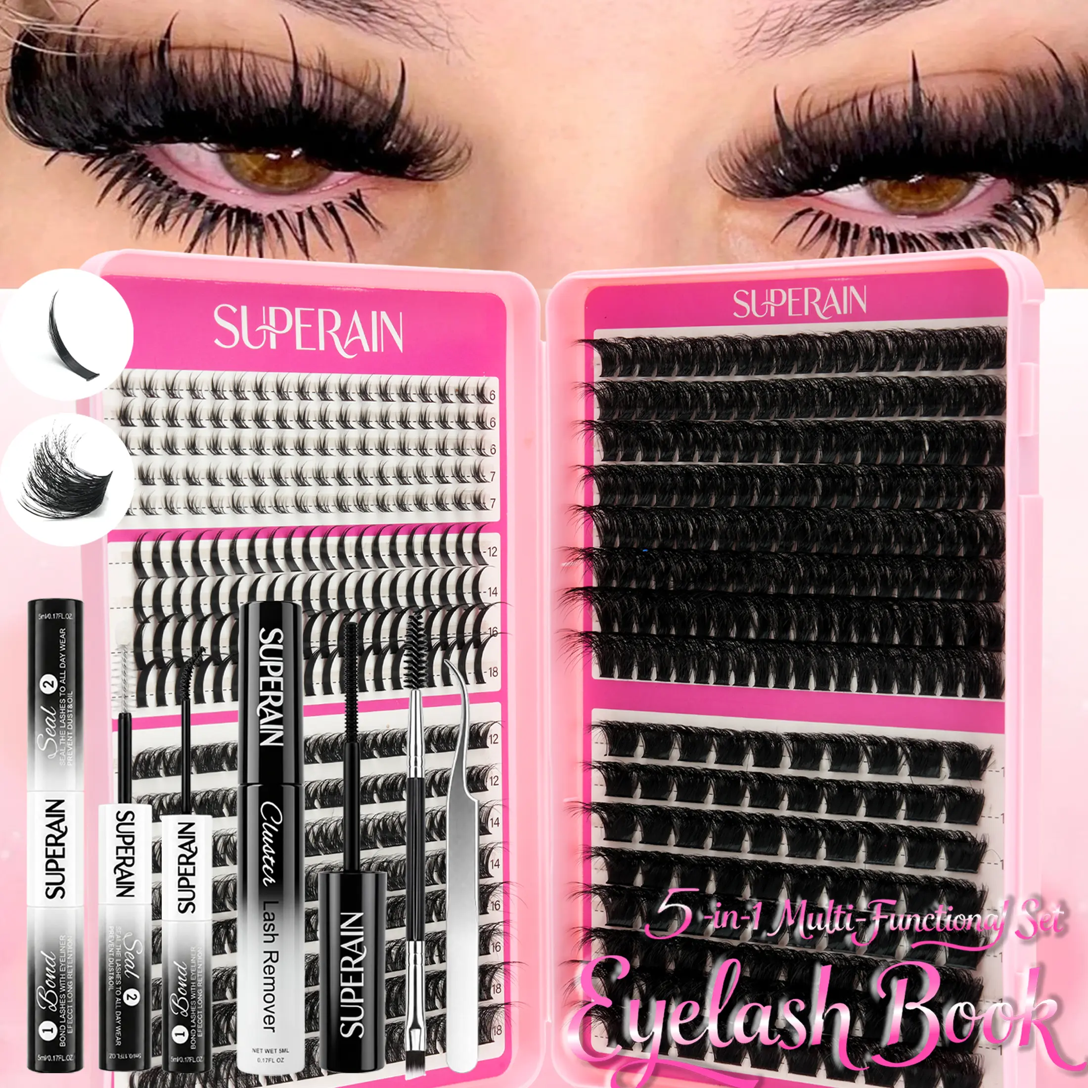506pcs 5 Types Mixed D-Curl Cluster Lashes Large Capacity Mixed Bottom Lashes + Spiky Lashes + 80D/200D Fluffy Individual Lashes DIY Home Use Lash Extension Set For Volume And Length, Includes Makeup Tools