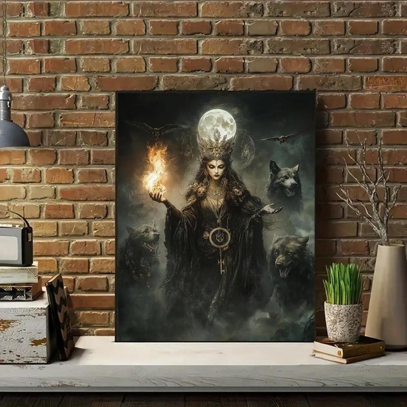 Goddess Hecate Fine Art Print,  Witchcraft Vintage Oil Painting, Frameless Gothic Fantasy Wall Art with Hellhound & Raven, Home Decor Canvas Painting Ornaments Decoration