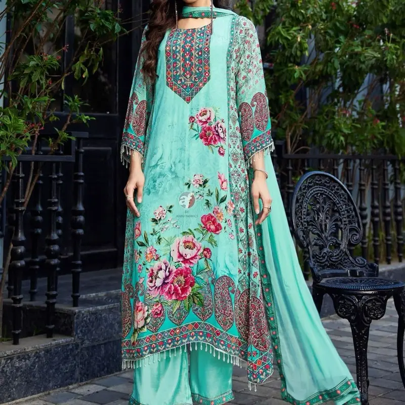 Designer Heavy Handwork Readymade Party Wear Kurti Sets with Pure Natural Crepe Top Santoon Silk Bottom & Heavy Lace Nazmeen Dupatta