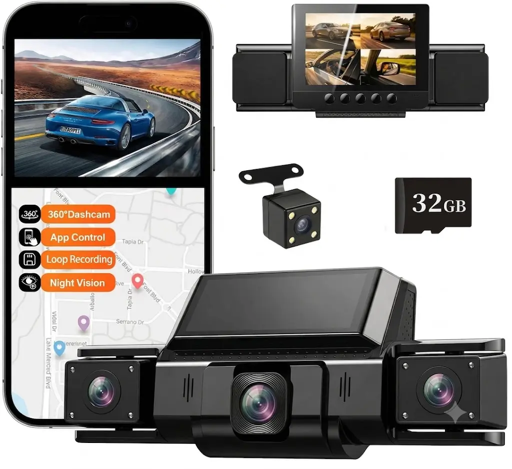 IDOLZEAL 4-Channel 360° View Dash Cam, Car Camera with Front Rear Left Right Recording, WiFi APP Control, G-Sensor, 24H Parking Mode, IR Night Vision, WDR, Wide Angle, Free 32G TF Card Included cam front