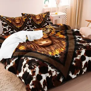 Highland Cow Digital Print Bedroom Bedding Set, 3-Piece (1 Fitted Sheet + 2 Pillowcases), Polyester Fiber, Comfortable and Stylish
