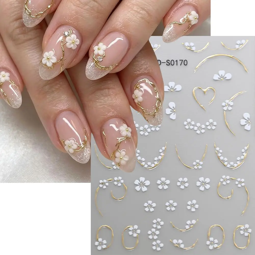 White Small Flower Nail Art Stickers French Line Hollowed Out Heart-Shaped Flowers Nail Decal Small Floral Print Manicure Decals