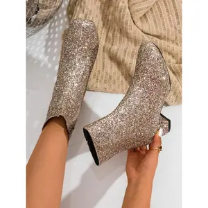 Women's Fashion Sequined Ankle Boots, Mid-Calf High Heel Sparkle Rhinestone Booties, Stretchy Pointed Toe Chunky Sole Silver Color