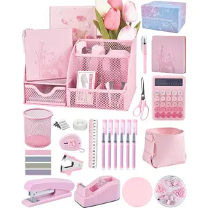 23pc Pink Desk Accessories and Organizers with Mesh Organizer Stapler Tape Dispenser Calculator and a Lot of Office Pink Office Supplies Beautifully Presented in a Gift Box