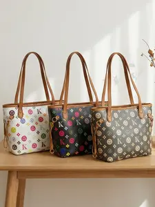 Women's Large Capacity Tote Bag, Full-Print Design, Dual Handles, Zipper Closure, Suitable for Commuting & Travel, Cute Cartoon Pattern, Storage Tote Bag