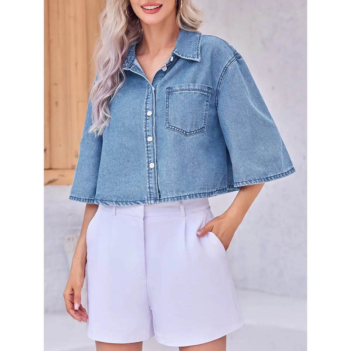 Imily Bela Womens Summer Trendy Style Crop Denim Shirt Casual Half Sleeve Button Down Short Jean Jacket