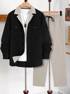 Large men's autumn and winter new basic must-have two-piece set with contrasting color edging, single breasted suit collar, double pocket long sleeved shirt top, drawstring pants, Clothes, men's outdoor sports Menswear