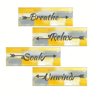 Set of 4 Yellow Wooden Wall Art - 2D Flat-Print Home Decor with Adhesive Included for Living Room, Bathroom, and Stairs - Relaxing Wooden Board Artwork Dimensions for Calmness and Serenity