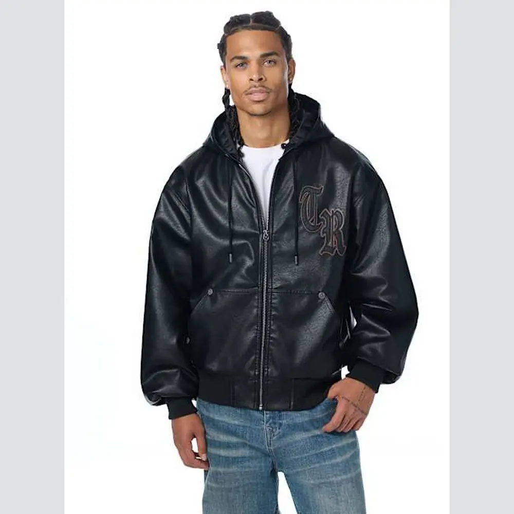 True Religion Men's Faux Leather Hooded Bomber Jacket True Religion Men's Faux Leather Hooded Bomber Jacket
