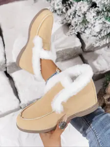 Women's Solid Color Plush Lining Slip on Sneakers, Casual Comfortable Warm Shoes for Fall & Winter, Fluffy Lined Shoes for Indoor & Outdoor Wear