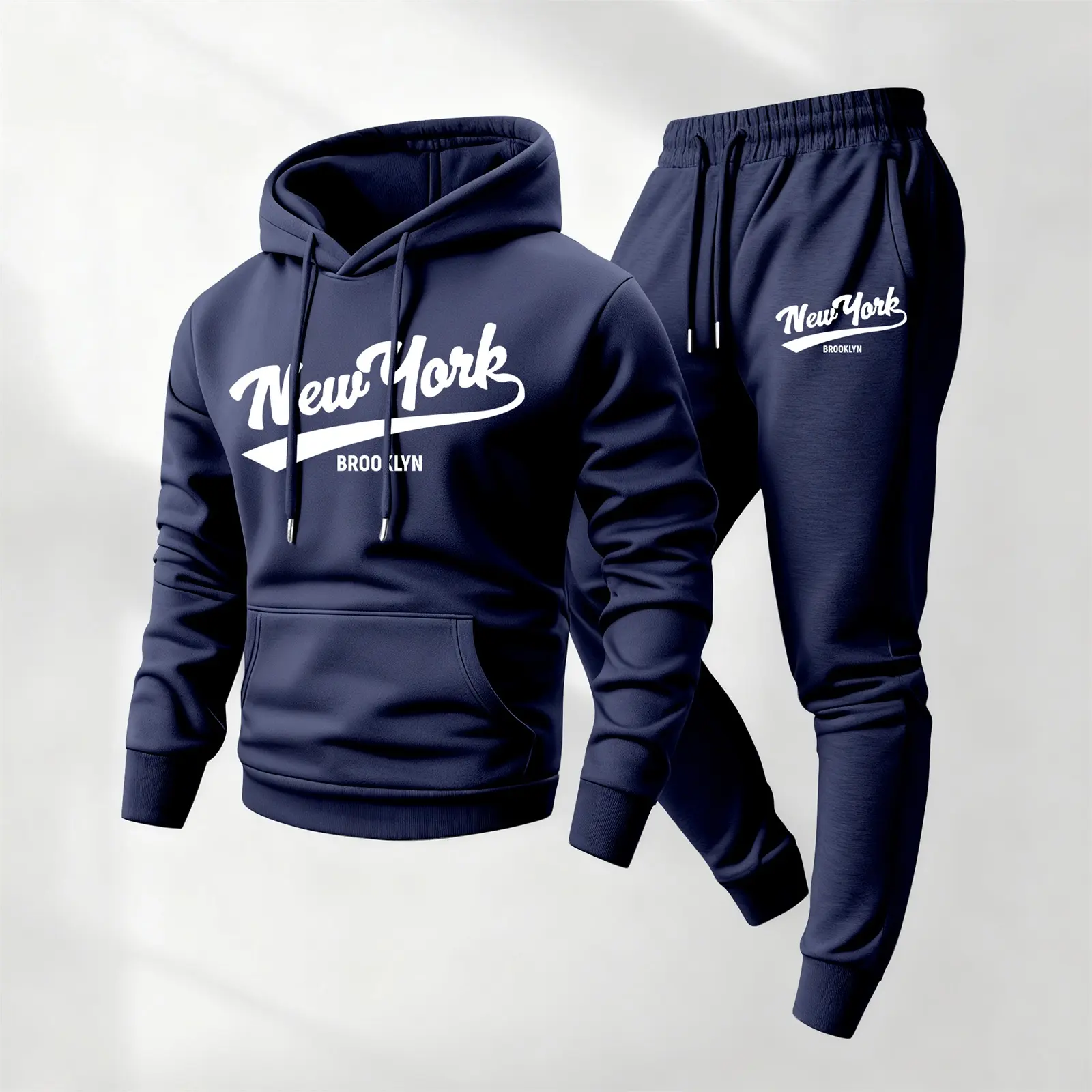 Men's 2-Piece Loose-Fitting Workout Set - Polyester Long Sleeve New York Print Hoodie & Full-Length Sweatpants, Casual Gym Fitness Yoga Athletic Activewear Tracksuit
