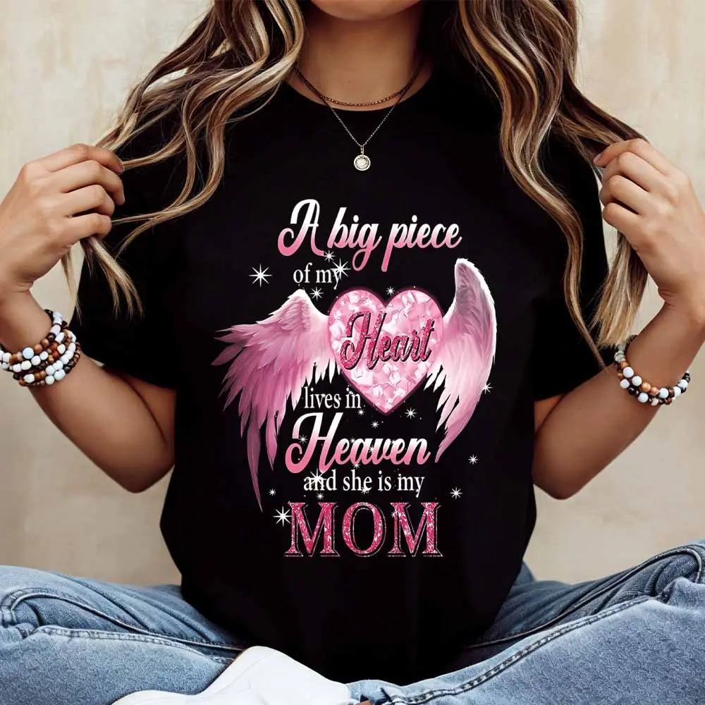 Angel Wings Heart Heaven Mom Print T Shirt Casual Loose Fit For Everyday Wear And Light Activities