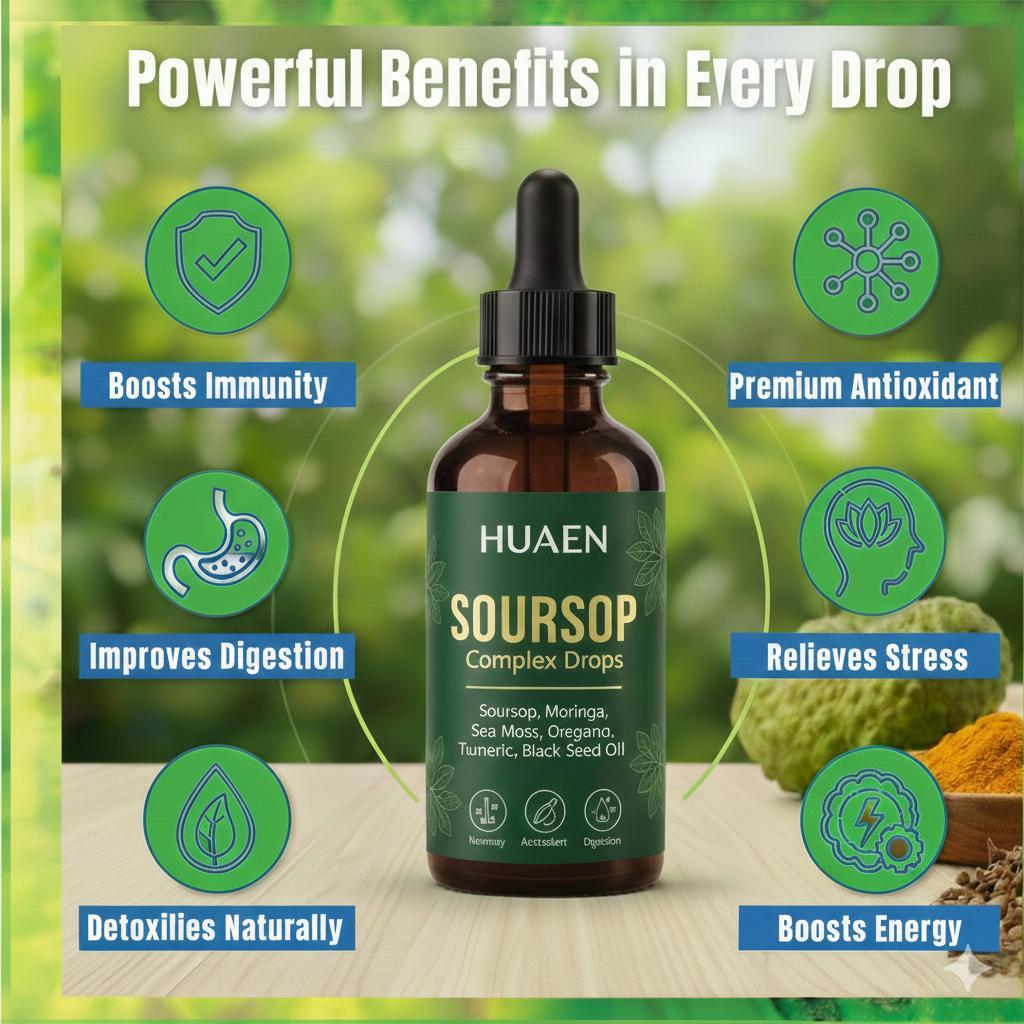 HUAEN Pure Soursop 10 in 1 Liquid Drops Extract - Seamoss,Moringa,Black Seed Oil,Turmeric,Oregano Liquid Drops for Immune System and Gut Health Support
