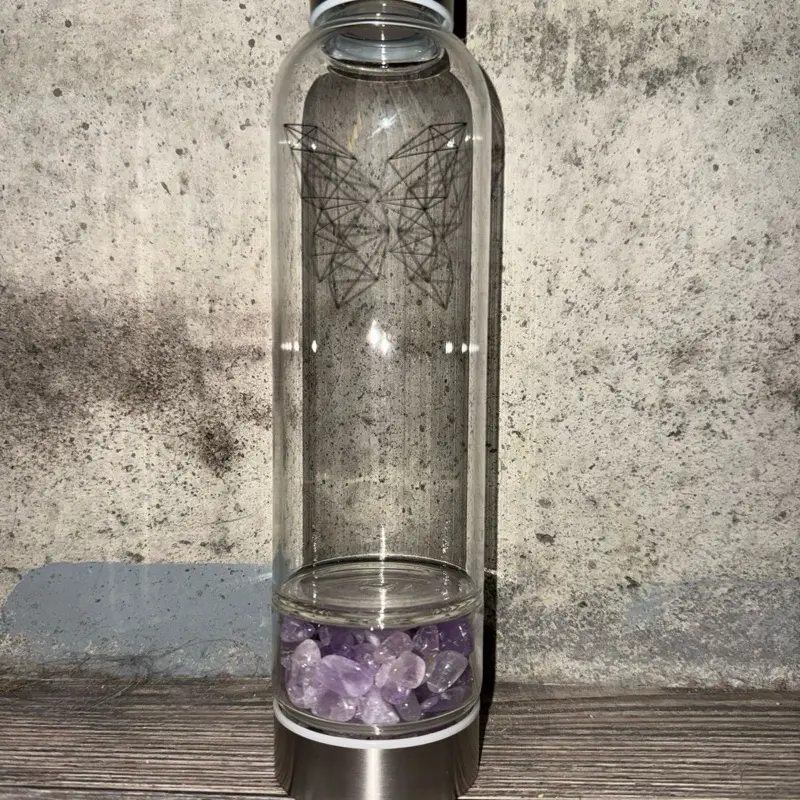 Amethyst Stone Water Bottle with Butterfly Design and Purple Crystals for Hydration and Energy