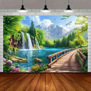 1pc 2D Flat Nature Scenery Backdrop with Waterfall, Bridge, Mountain & Vibrant Greenery - Durable Polyester Fabric, No Electricity Needed for Indoor/Outdoor Photography Studio, Weddings, Parties,