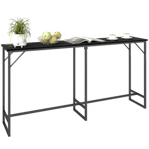 HOMCOM 70" Long Counter Height Table  with Charging Station, Industrial Style Rectangular Bar Table with Steel Frame for Dining Room, Kitchen, Black Wood Grain