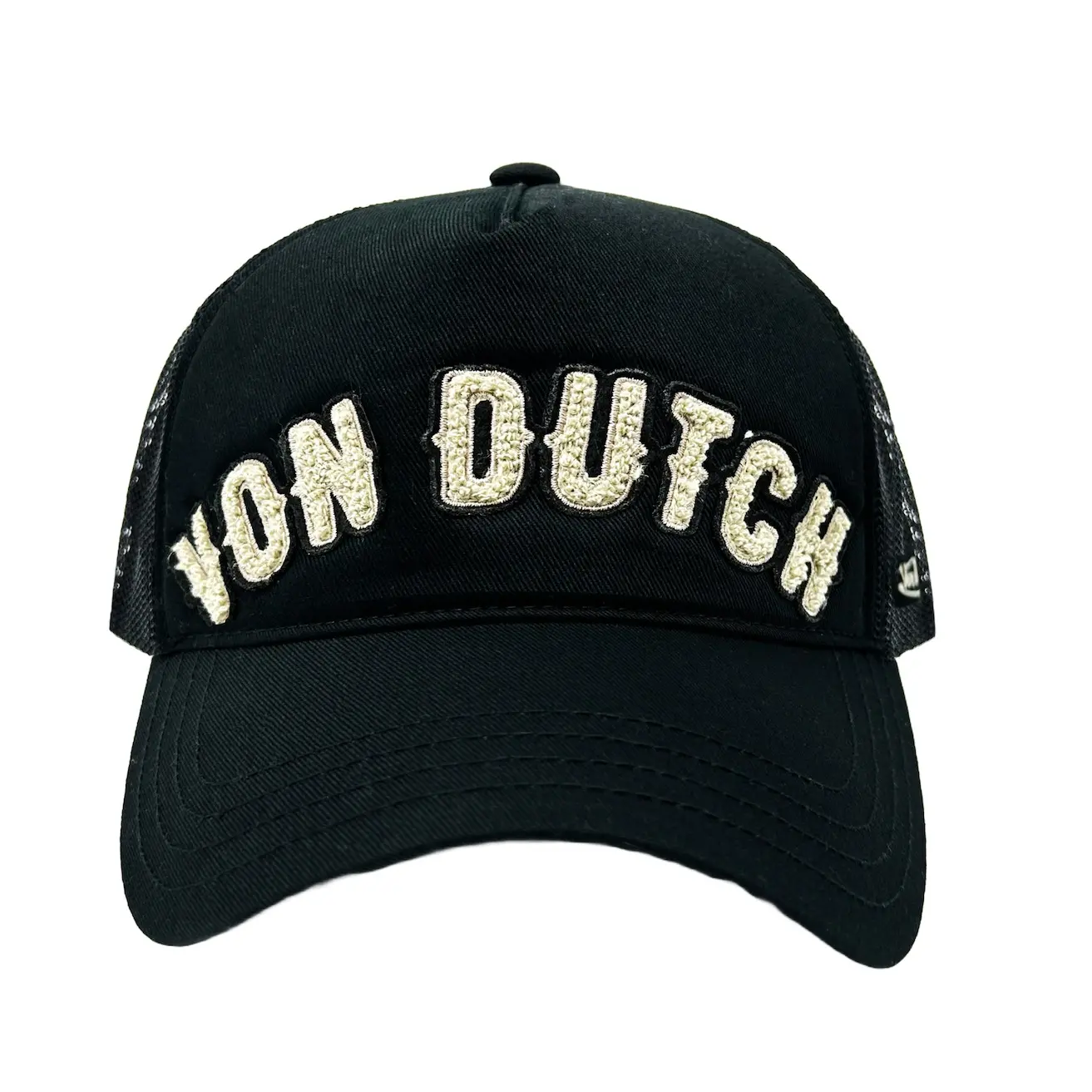 Black and White Curved Terry Logo Trucker