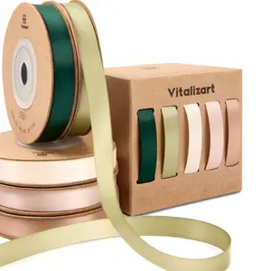 Vitalizart Coordinated Double Face Satin Ribbon Set (5 Rolls, 10 yd per Roll, 50 yd Total) - 3/8 in Thin Ribbon for Gift Wrap, DIY Crafts, Party Decor