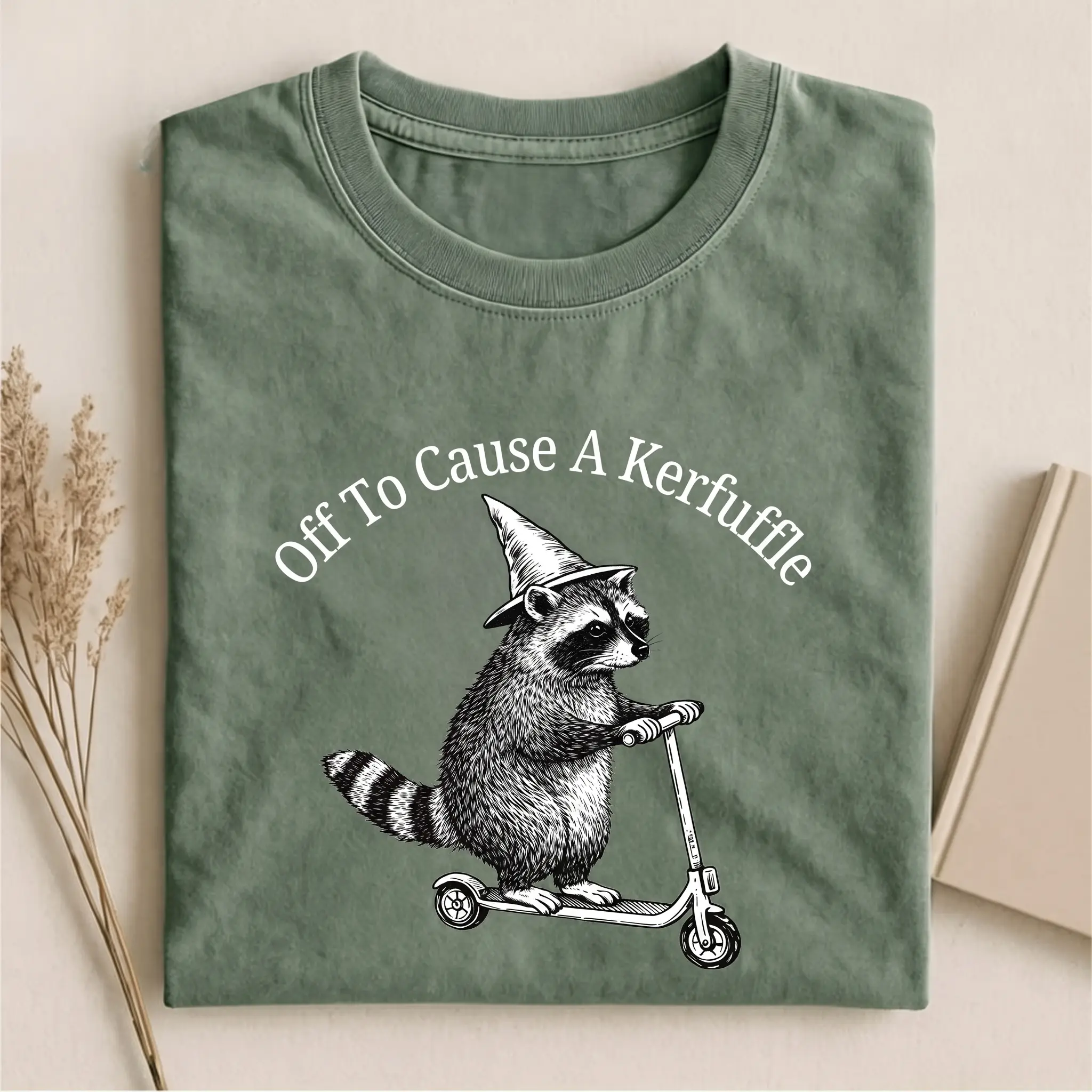Comfort Colors Off To Cause A Kerfuffle Shirt - Funny Raccoon Riding Scooter Graphic Tee, Retro Witch Hat Trash Panda T-Shirt, Yam Terracotta Oversized Sarcastic Humor Gift